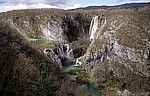 Donja jezera (Untere Seen): Sastavci (Zusammenfluß) - V. l. Novakovica brod, Veliki slap (gr. Wasserfall), Fluß Korana - Nationalpark Plitvicer Seen